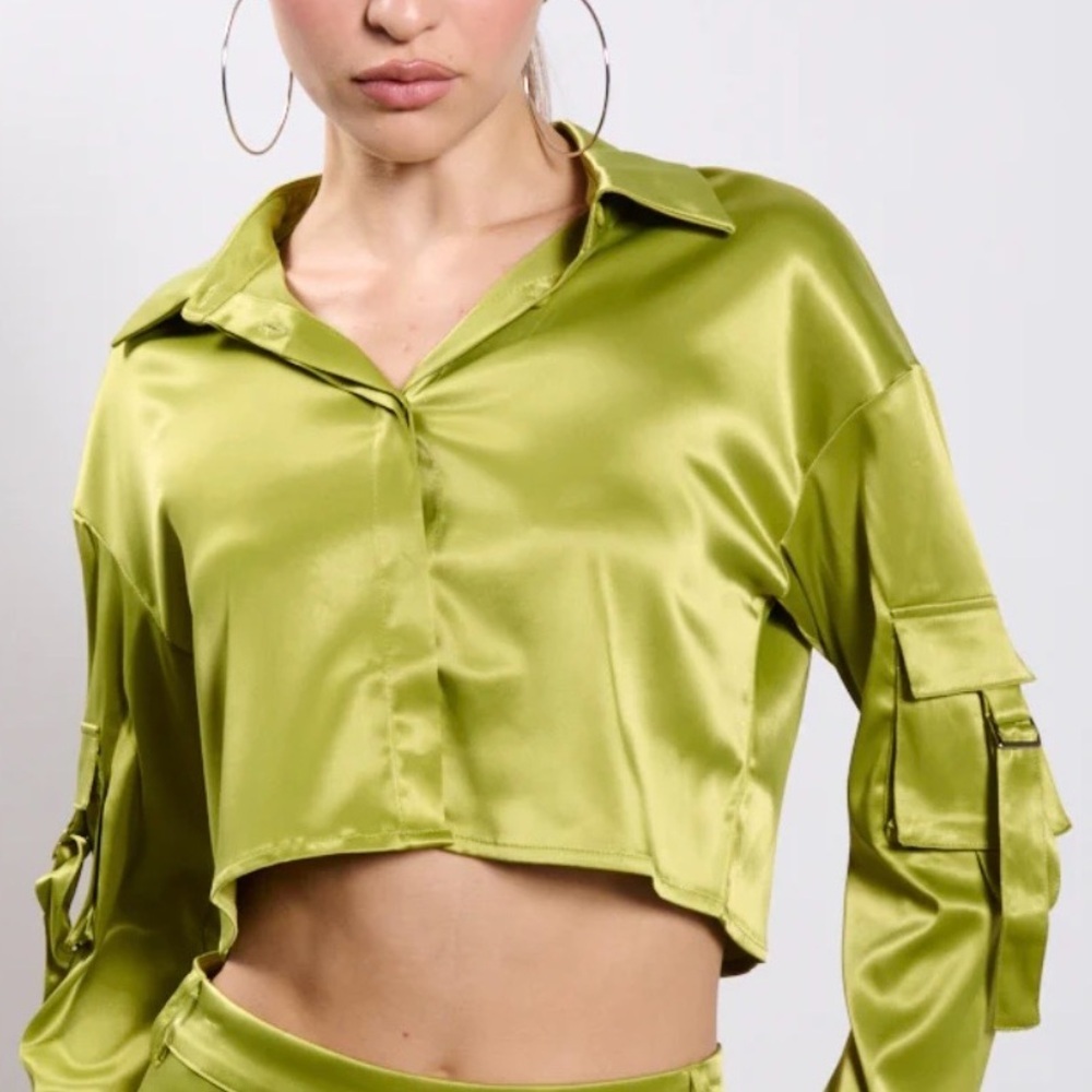 AKIRA Lime Green Satin Crop Top